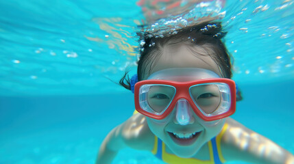 Fototapeta premium Asian child swimming underwater with red goggles in clear blue pool