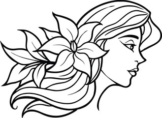 Elegant Woman Profile with Lily Flowers Line Art Drawing