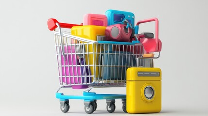Shopping cart with household goods,Home appliances in the shopping cart,Ecommerce or online shopping ,appliances and electronics,sales and retail concept,Metal shopping cart,copy space.