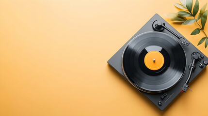 Vinyl record player on yellow background, green leaf, music listening, home entertainment, website banner