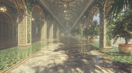 Luxurious ornate hallway, sunlight, plants, travel brochure