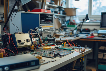 Electronics workshop with circuit boards and tools on a cluttered desk