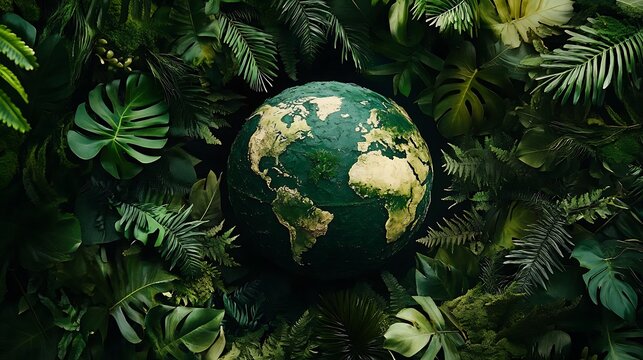 Green globe surrounded by lush foliage representing a commitment to sustainability