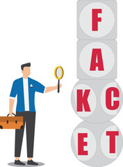 Analyze fake or fact, fact or fake concept, Misinformation spread by the tricks of brains, businessman analyzes the cube with the words fact and fake using a magnifying glass