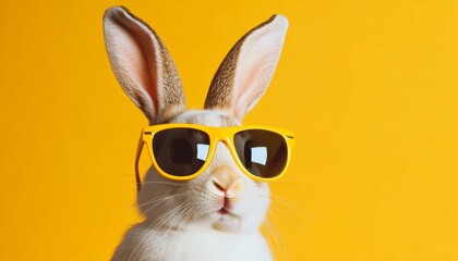 Fototapeta premium Stylish Rabbit Posing on Yellow Cool Bunny with Yellow Sunglasses, Summer Fun Concept