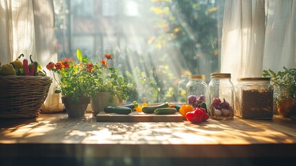 Fresh Vegetables and Herbs on Bright Kitchen Counter with Sunlight