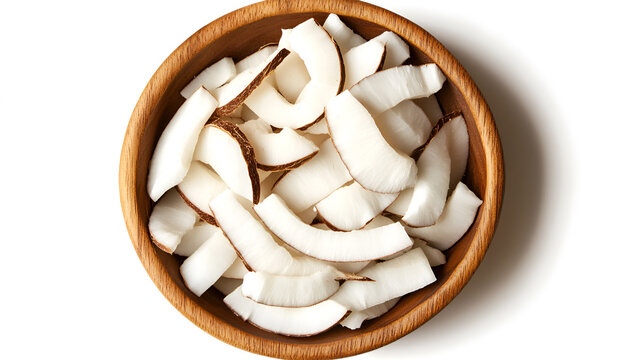 Tasty coconut chips in wooden bowl isolated on white, top view