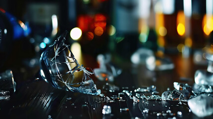 Close-up of a shattered glass gavel, a powerful symbol of justice and corruption, on a wooden desk in a blurred courtroom, representing broken law, legal crisis, and trial consequences.