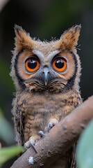 Fototapeta premium Adorable owl with large orange eyes perched on a branch.