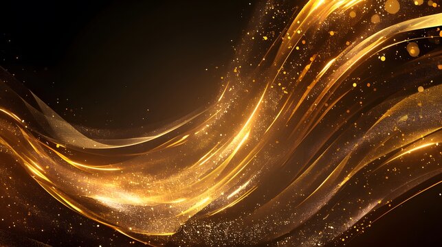 Golden particles and lights in a flowing digital wave design, evoking luxury and modernity.