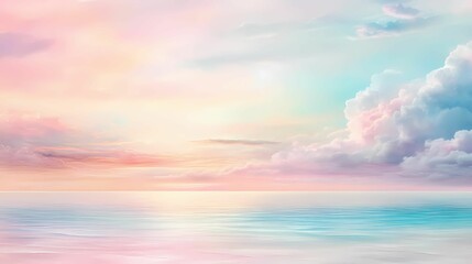 Obraz premium A serene seascape features soft pastel colors blending in the sky and calm waters, evoking tranquility and beauty at dawn or dusk.