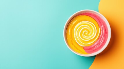 Colorful swirl dessert in a bowl with a vibrant background.