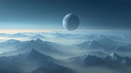 Alien planet landscape with a large moon and misty mountains.