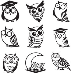 a grid of nine owl illustrations
