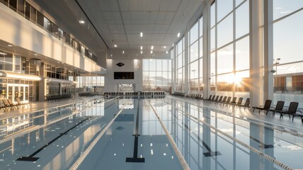Fototapeta premium Olympic swimming pool. Bright Interior swimming pool, stadium, event, indoor. Brightly lit, fresh water. 