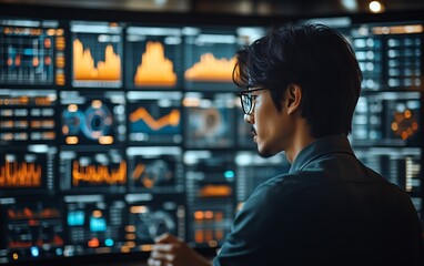 Analyst reviewing data on large screen. (1)