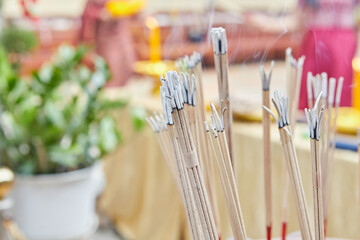 Incense stick burning with smoke for praying in temple