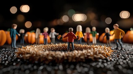 Miniature people celebrating autumn harvest, pumpkins, night bokeh
