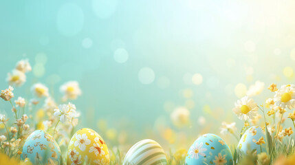 Easter egg banner, soft pastel gradient background in light blue and yellow, decorative Easter eggs with floral patterns, Ai generated images