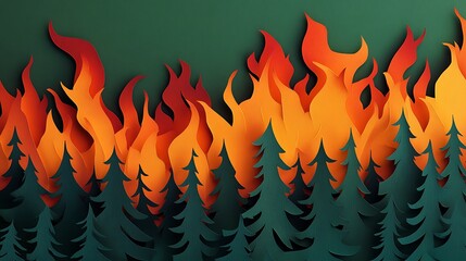 A paper cut illustration of a large fire in a forest, orange and red cut-out flames flickering over dark green paper trees, with the space for text.