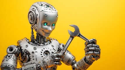 Fototapeta premium A Robotic Figure Holds A Wrench Against A Yellow Background