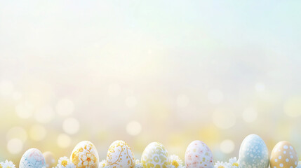 Easter egg banner, soft pastel gradient background in light blue and yellow, decorative Easter eggs with floral patterns, Ai generated images