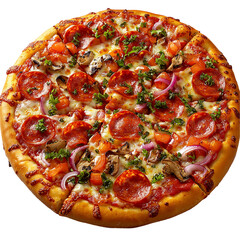 Delicious Pepperoni Pizza with Mushrooms Onions hot red food meal tasty lunch isolated on transparent or white background, png
