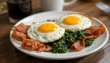 A plate featuring two sunny-side-up eggs, crispy bacon, saut&eacute;ed spinach, and a slice of toasted multigrain bread, The meal is garnished with chopped parsley and a steaming cup of coffee.