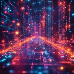 Obraz premium Futuristic Digital Cyber Landscape with Vibrant Neon Lights and Glowing Data Network