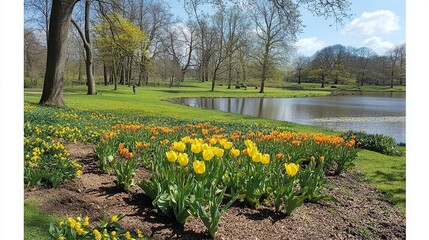 Spring park scene with colorful tulips blooming near pond.