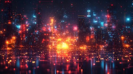Obraz premium Mesmerizing Nighttime Cityscape with Glittering Skyscrapers and Dazzling Illumination