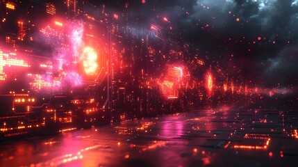 Futuristic Cityscape with Glowing Neon Lights and Skyscrapers at Night