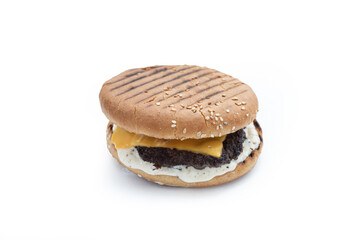 burger with cutlet, lettuce, tomato on a white background, isolate, American fast food