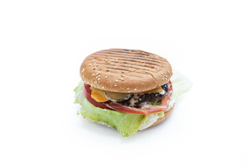 burger with cutlet, lettuce, tomato on a white background, isolate, American fast food