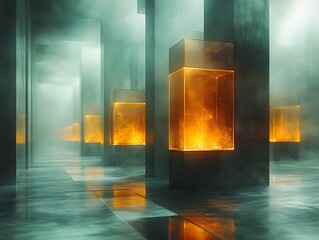 Glowing Futuristic City Skyline with Illuminated Geometric Skyscrapers and Reflections