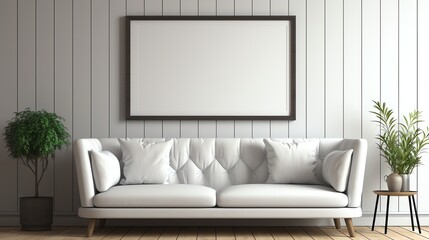 White sofa, pillows, plants, and blank frame on white wall.