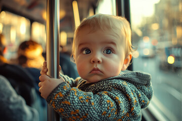 A baby holding onto a pole inside a bus, looking outside with a calm expression.
