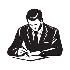 a business employee person in formal filling out a form signing document black and white vector silhouette isolated on background icon 