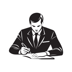 a business employee person in formal filling out a form signing document black and white vector silhouette isolated on background icon 