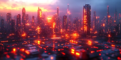 Obraz premium Futuristic Neon Lit Cityscape with Skyscrapers and Illuminated Skyline at Dramatic Sunset