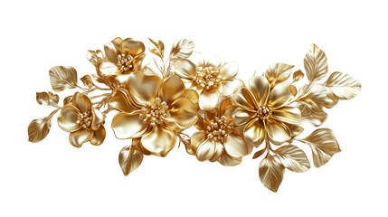 A digitally rendered image showcasing a lavish arrangement of gold flowers and leaves against a black backdrop.