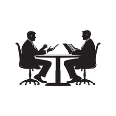 conversation between two people employees businessman for work meeting black and white vector silhouette discussing on phone and taking notes isolated on white background