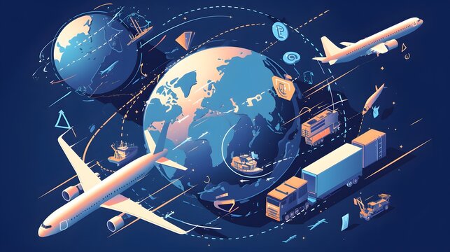 Graphic representation of global logistics connecting different transportation modes like airplanes, ships, and trucks