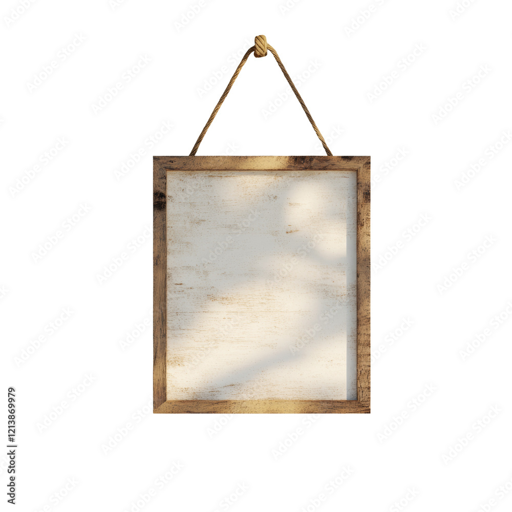 Aufkleber A rustic blank wooden sign hangs from a rope showcasing a weathered texture and sunlit shadows.