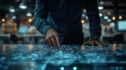 Man interacting with futuristic holographic interface.