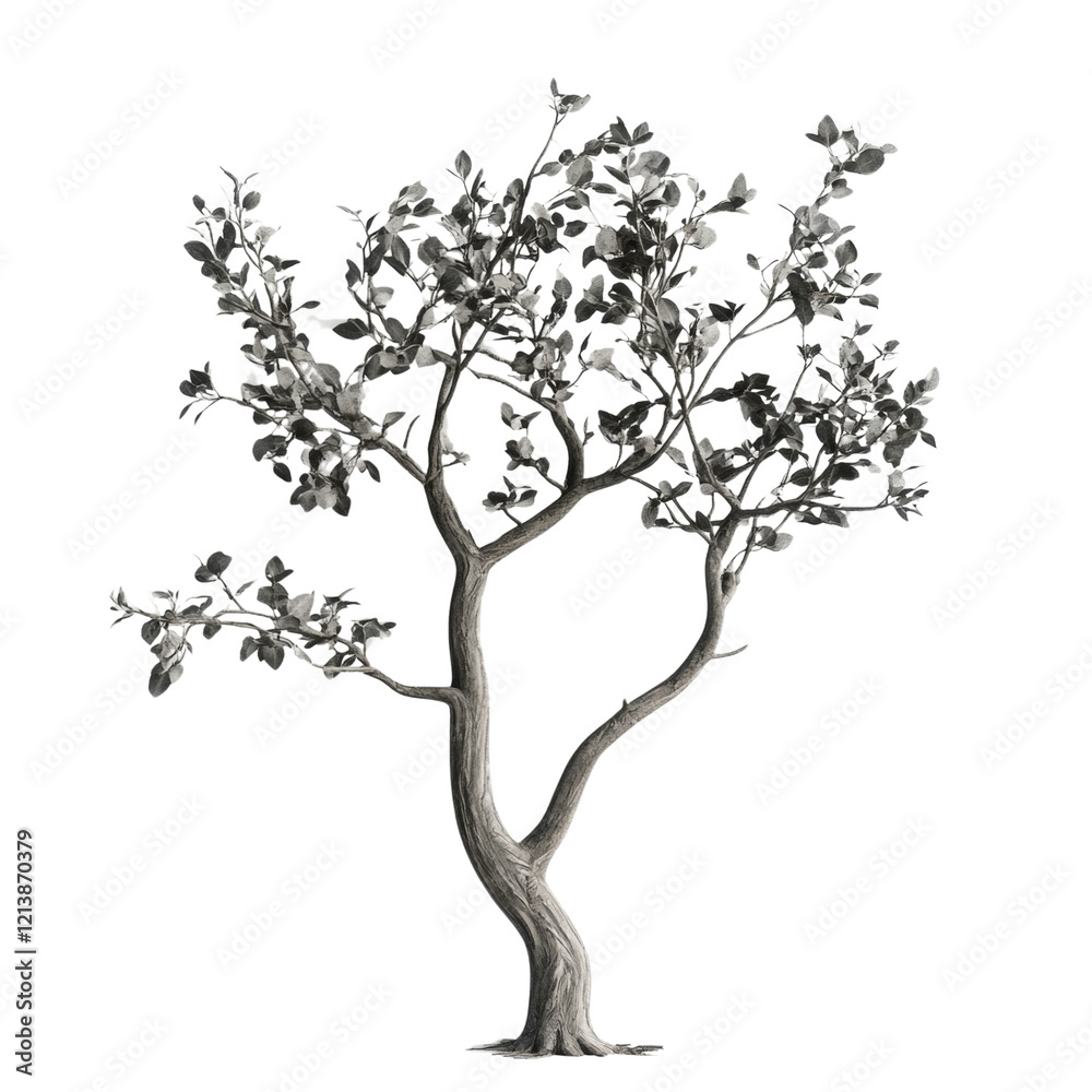 Poster a grayscale image showcases a small tree with delicate leaves isolated against a white backdrop, off