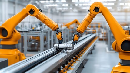 Orange Robotic Arms Cooperatively Assemble Metal Parts