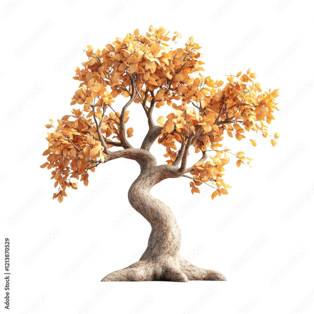 Poster a digitally rendered image showcases a bonsai tree with golden leaves against a white background, em