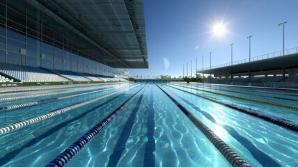 Fototapeta premium Olympic swimming pool. Interior swimming pool, stadium, event, indoor. Brightly lit, fresh water. 
