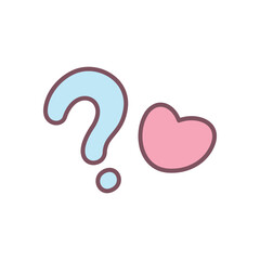 Kawaii question mark icon. Hand drawn illustration of a blue question mark and little heart isolated on a white background. Abstract romantic emoji. Vector 10 EPS.